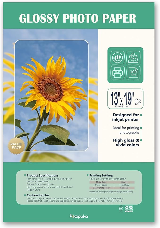 13x19 Glossy Photo Paper for Inkjet Printer, A3+ Big Photo Paper, Super B Size Full Sheet, 100 Pack, 200gsm/52lb,
