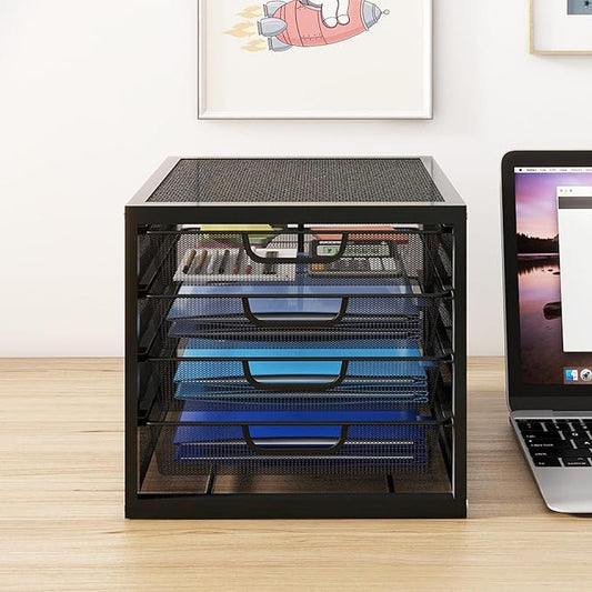 Natwind Mesh Desk Organizer with 4 Tier Sliding Drawers, Office Supplies Desktop Organizers and Accessories Stationery Storage, Paper Sorter, File Binder Organizer for Home Office School,Black