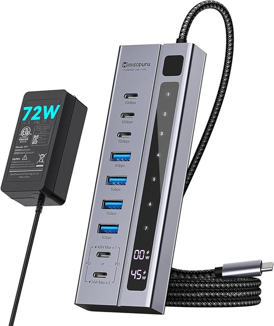 Minisopuru Powered USB C Hub – Support Max 45W Charging with 72W Power Adapter, 10Gbps Data Transfer, USB-C Powered Hub for Laptop, MacBook,iPad (Not for Monitor)