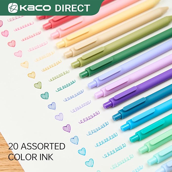 Kaco PURE Gel Pens 20 Assorted Color Ink 0.7mm, Medium Point, Aesthetic Cute Stationery Pens for Journaling Pens