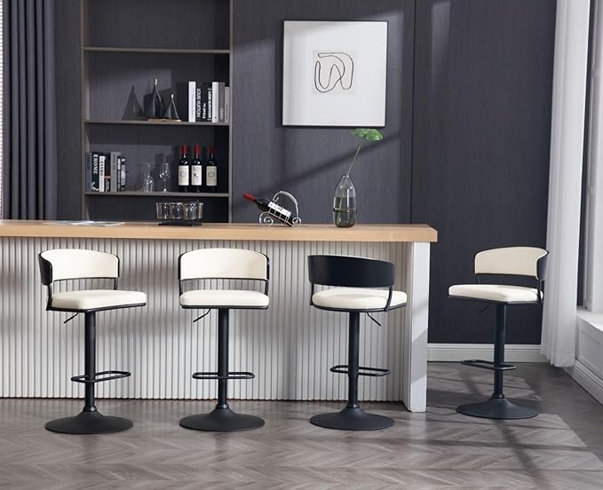 Adjustable Modern Bar Stools Set of 4 Faux Leather Barstools Swivel Counter Height Bar stools with Curved Back/Black Metal Base Comfy Upholstered Bar Chairs for Kitchen Island, Beige
