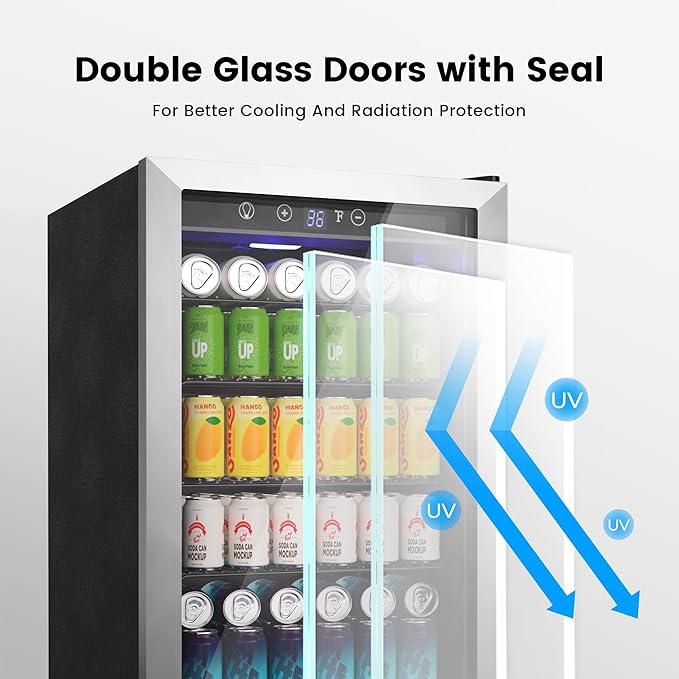 4.5 Cu.Ft Beverage Refrigerator Cooler - 145 Can Mini Fridge Glass Door for Soda Beer Wine, Small Refrigerator for Bedroom Office Home Bar, 4 Adjustable Shelves, Silver