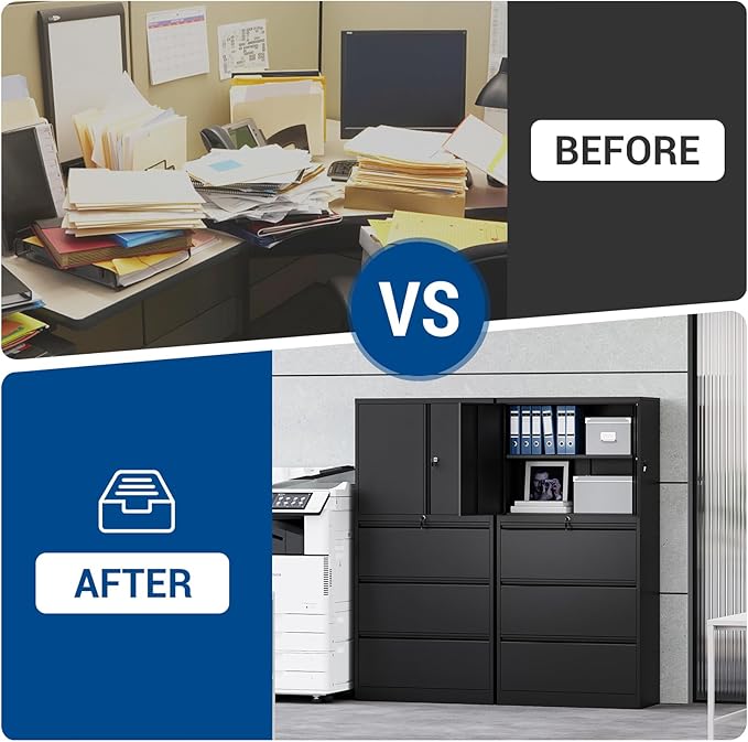 3 Drawers Lateral File Cabinet with Lockable Drawer and Door- Large Steel Filing Cabinet for Home Office Hanging Files Letter/Legal/F4/A4 Size