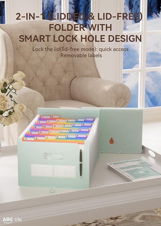 ABC life 26 Pockets Accordian File Organizer Expanding File Folders, Portable Letter A4 Size Filing Box,Plastic Monthly Receipt Document Organizer with Colored Tabs (Sage Green)