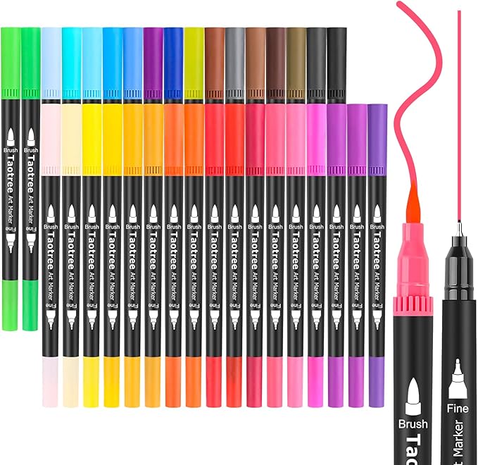Taotree 36 Colors Dual Tip Art Markers Pens for Kids Adult Coloring Books, Artist Fine & Brush Tip Coloring Marker Drawing Pens for Journaling Note Taking Lettering Calligraphy Craft Art Supplies Set