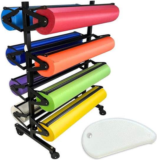 Paper Roll Holder, Dispenser Rack and Cutter - 8 Racks for Large, 36" Butcher, Craft, Gift Wrap & Art Kraft Rolls – Durable, Mobile Rolling Organizer with Ceramic Blade for Classroom, Studio & Retail