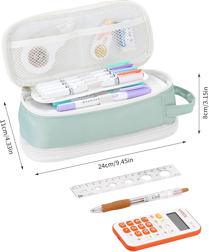 Dugio Big Pencil Case for Girls Teens Kids Zipper Pencil Pouch with Handle Organizer Pencil Bag Aesthetic Pencil Pen Case for School Green