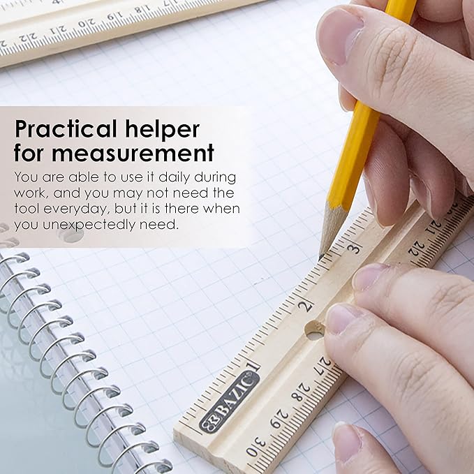 BAZIC Wooden Ruler 12" (30cm), Singel Metal Edge, Inches Centimeter Metric Measuring Drafting Rulers, for Students School Supplies (3/Pack), 2-Packs