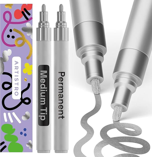 ARTISTRO 2 Silver Permanent Marker - Waterproof Markers for Tire, Fabric, Rocks, Glass, Ceramic, Wood, Paper - Oil Based Paint Pens - Medium Tip 3mm