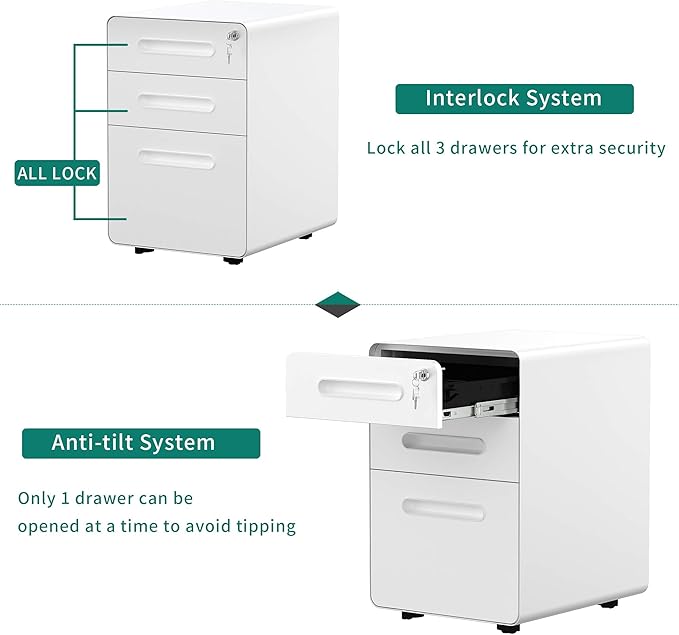 YITAHOME 3 Drawer Mobile File Cabinet, Metal Vertical File Cabinet with Lock, Filing Cabinet Under Desk fits Legal/A4 Size for Home Office, Fully Assembled, White