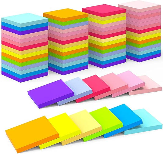 Sticky Notes 3x3 Inch Bulk 72 Pads - 12 Assorted Color Self-Stick Memo Pads for Students, Office, Home Organization Easy to Post for Planners, Fridge, Laptops (5400 Total Sheets)