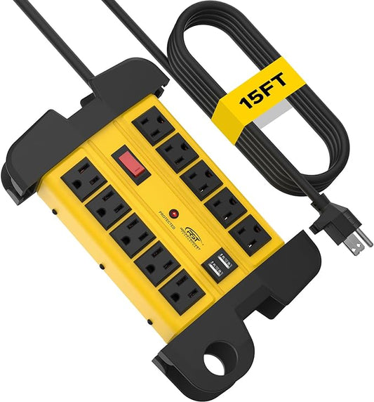 CRST Heavy Duty Power Strip with USB (3.1A),10-Outlet Metal Surge Protector Power Strip with 15FT Cord(2800J),15A Circuit Breaker, Wall Mount, ETL Listed