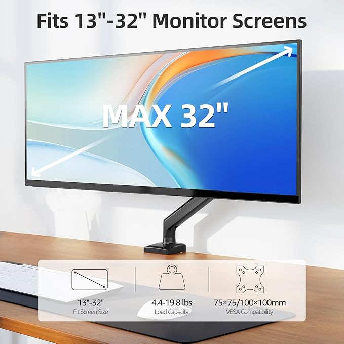 Monitor Arm for 13-32 inch Screens, Monitor Desk Mount, Adjustable Height, VESA Mount with Clamp & Grommet Bases, Freelift Black