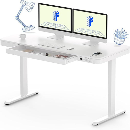 FLEXISPOT 55" White Electric Standing Desk with Drawers, Quick Assembly Home Office Sit Stand Desk with Storage, USB Charging, Computer Desk for Home Office (White Top + Adjustable Frame, Comhar)