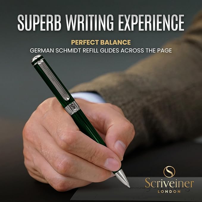 Scriveiner Personalized British Racing Green Pen - Stunning Green Lacquer Luxury Pen with Chrome Finish, Schmidt Ink Refill, Best Engraved Ball Point Gift Set for Men & Women, Custom Name Engraving
