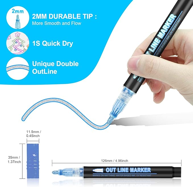 Double Line Outline Markers, 36 Colors Super Squiggles Shimmer Outline Marker Pen Set, Self Outline Metallic Markers Glitter Writing Drawing Pens for Birthday Greeting Card, Doodling, DIY Art Crafts