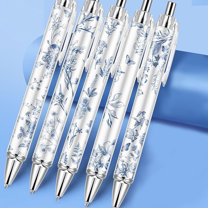 30PCS Blue and White Porcelain Pen 0.5mm Black Ink Fancy Pens Smooth Writing Retractable Ballpoint Pens for Journaling Aesthetic Office Supplies (BlueandWhitePorcelain, 30)