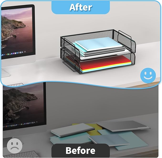 4 Tier Stackable Letter Tray, Metal Mesh File Storage Desktop Organizer for Home Office, Black