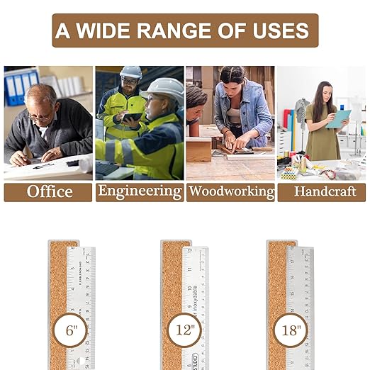 Stainless Steel Metal Ruler - 6 Inch, 12 Inch, 18 Inch Straight Edge - Non Slip Cork Backed - Inch and Metric