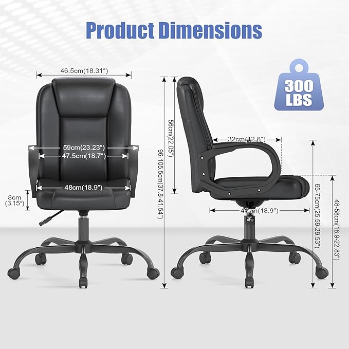 ZZH Executive Office Chair, Leather Desk Computer Chair with Armrests, Mid-Back Swivel Adjustable for Home Office, 8PC, Black