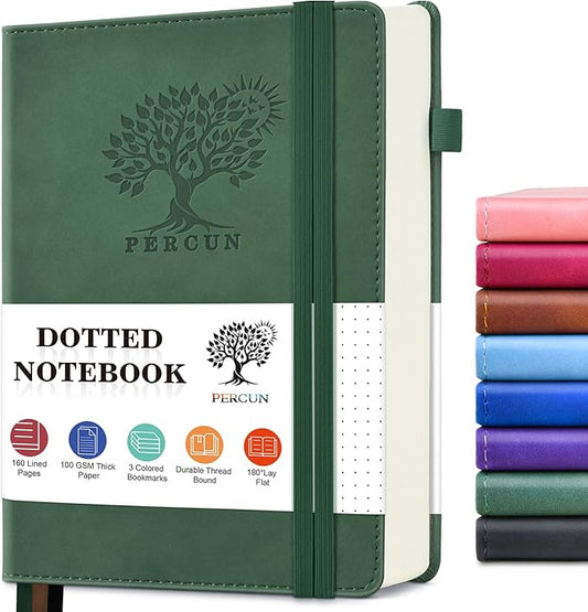 PERCUN Dotted Journal Notebook for Men & Women, 160 Pages Dot Grid notebook for Note Taking, Bullet Journaling Notebook for Work, School, Travel, Writing, A5 Hardcover 5.9" x 8.5"(Green)