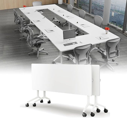 Conference Table, Folding Conference Desk Modern White, Seminar Table with Wheels, 2-10 People for Office, Meeting Break Room (2, 1915, 71IN)