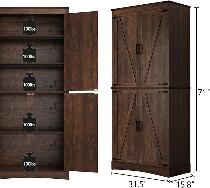71in Farmhouse Kitchen Pantry Cabinet,Tall Storage Cabinet with 4 Doors and Adjustable shelves,with Load-Bearing Steel Pipe,Wood Storage Cabinets for Kitchen,Dining Room,Bathroom(Brown)