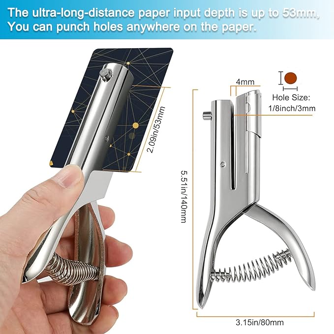 1/8 Inch Single Hole Punch - 2 Inch Reach Deep Throat Heavy Duty Paper Punch - Portable Hand Held Long Reach for ID PVC Cards Plastic Cardboard Photos