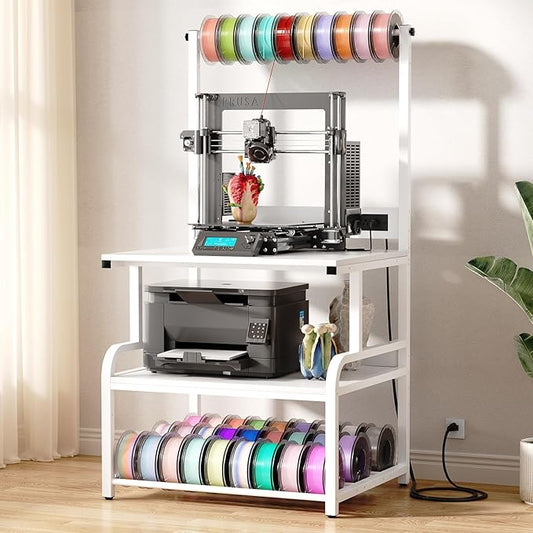 Homieasy Printer Stand with Charging Station, 29.1" x 22.8" Large 3D Printer Table with Filament Storage, Heavy Duty Rolling Printer Cart with 4-Tier Storage for Workshop/Office/Garage, White