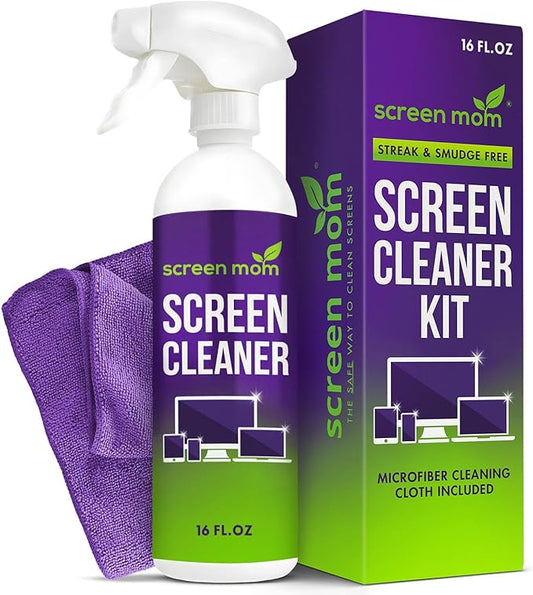 Screen Mom Screen Cleaner Spray and Microfiber Cloth 16oz Screen Cleaner Spray and Wipe for TV, Laptop, Computer, Phone, iPad, Car Screen Cleaning Kit Electronic Cleaner Spray