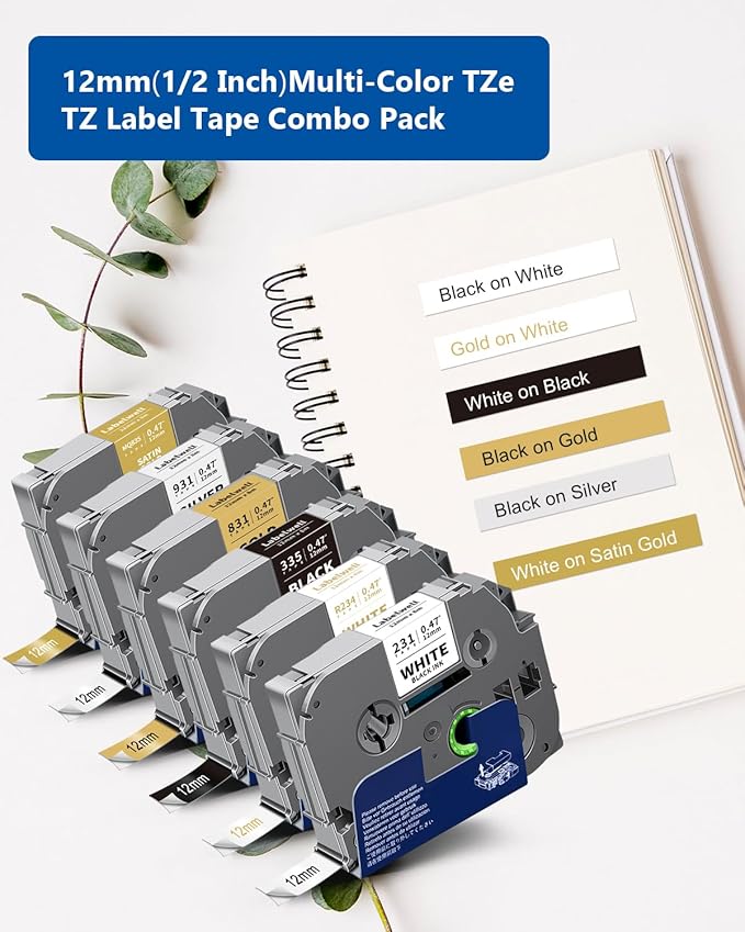 6-Pack Compatible TZe Label Tape 12mm 0.47 Inch Laminated Multi-Color TZ TZe-231 234 335 831 931 MQ835 TZe231 for PT-H110 D200 D210 D220 Label Maker, White/Gold/Sliver/Black