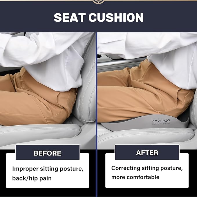 Coverado Car Seat Cushion for Car Seat Driver/Passenger, Memory Foam Seat Cushions for Office Chairs, Tailbone Pain Relief Cushion, Sciatica & Back Support Black&Gray