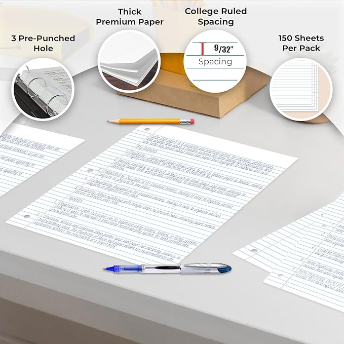Loose Leaf Paper Bulk, 3600 Sheets, 24 Pack, College Ruled Sheets, 8 x 10.5", 150 Sheets/Pack, 3 Hole Punch, Bulk Notebook Paper, Filler Sheets, Fits Standard Binders, Fights Ink Bleed, White
