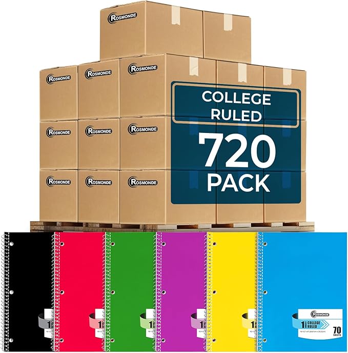 720 Packs (Pallet) 1 Subject Notebooks, Spiral Notebook Bulk, College Ruled, Pallet of Notebooks,70 Sheets (140 pages), 8 x 10-1/2",Bulk Spiral Notebooks for School & Office, 4-7 Days Transit