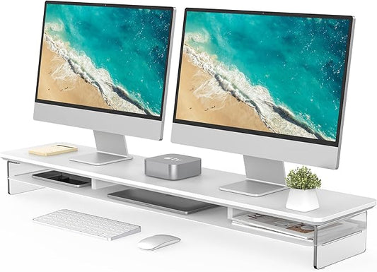 Fenge Acrylic Monitor Stand Riser, 42.5 Inches Dual Monitor Stand with Metal Storage, 2 Tier Acrylic Computer Riser for Desk, Clear Laptop Stand for PC, Laptop, Printer, TV, White