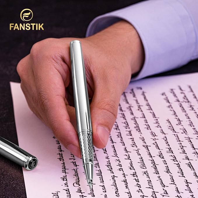 Customized Silver Luxury Rollerball pen (Made In USA) fancy gift set for women, Chrome Finish, Professional executive pen gift set for men (Lux Custom-Rollerball Silver)