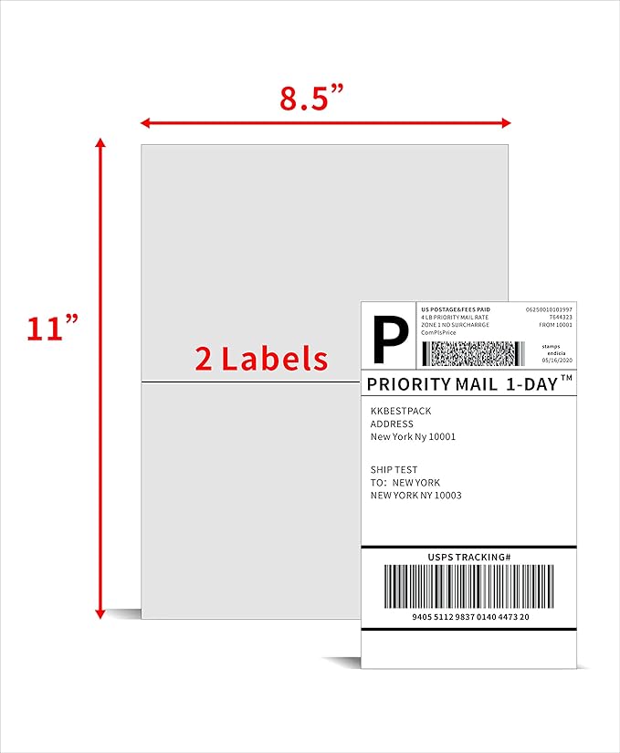 KKBESTPACK Half Sheet Shipping Labels for Laser and Inkjet Printers – 2 Per Page Self Adhesive Mailing Labels for Packages – White 8.5 x 5.5 Postage Labels for Shipping Boxes (2000 Labels) (KK2LP)