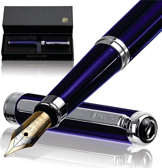 Blue Luxury fountain pen (Made In USA) fancy gift set for women, Chrome Finish, Professional executive pen gift set for men (Lux fountain Blue)