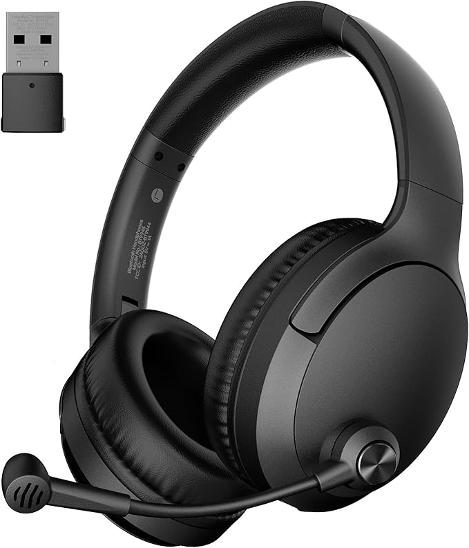 Wireless Headset with Mic for Work up to 40H Talk Time, Over-Ear Foldable Bluetooth Wireless Headset with AI Noise Cancelling Mic, Bluetooth V5.3 & USB Dongle & Mic Mute for Home Office (Black)