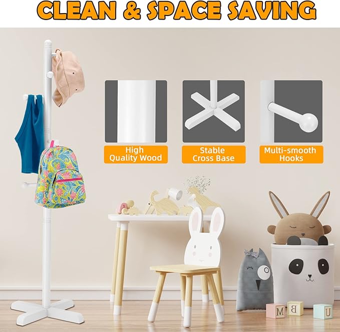 Kids Coat Rack, Freestanding Coat Racks with 8 Hooks 2 Adjustable Height, Tree Coat Rack for Bedroom, Hallway, Entrance, Office, Hats, Handbags,Purse (White)