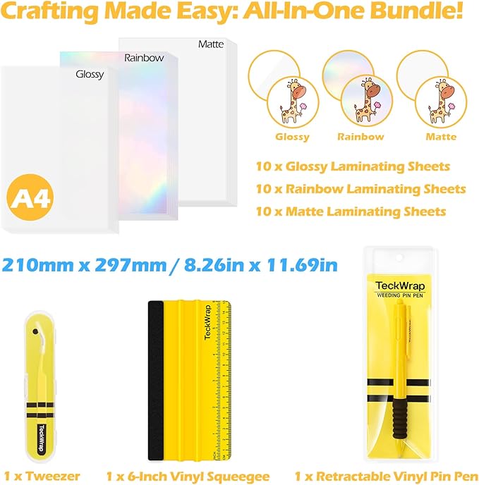 TECKWRAP Laminating Sheets Sticker Paper Laminate Sheets for Photo Paper Inkjet Printable Vinyl Squeegee Tools A4 30PCS Clear Overlay Transfer Paper, Matte Lamination Sheets, Holographic Stickers