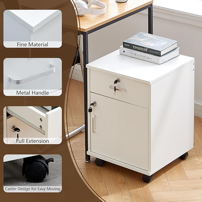 TUKAILAi Mobile File Cabinet with Lockable Drawer & Door, Under Desk Rolling Filing Cabinet with 4 Wheels, Wooden Stationery Storage Cabinet for Home Office (White)