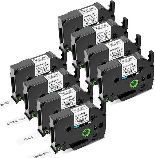Airmall Tze 12mm 0.47 Laminated White Label Maker Tape Refill Compatible with Brother Ptouch Tape 12mm 0.47 White TZe-231 TZe231 for PT-D220 1180 1280 1290 1750 1830, 8 Pack