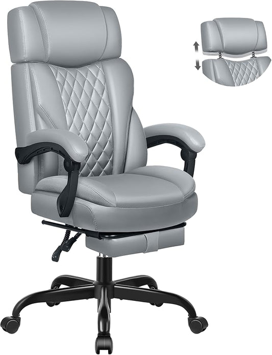 Executive Leather Office Chair, Big and Tall Desk Chair with Footrest Home Office Desk Chairs, Ergonomic Computer Desk Chair with Lumbar Support, Reclining Chair with Adjustable Angle