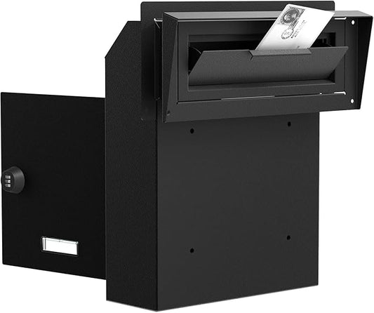 Rainproof Through The Door Key Drop Box, Galvanized Steel Heavy Duty Mailbox Safe Deposit Box, Locked Mail Drop Box with Combination Lock for Key and Payment, Black Mailbox
