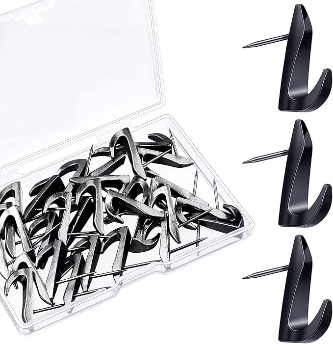 Ferraycle 30 Pieces Metal Push Pin Hangers 20 lbs Picture Hooks Zinc Alloy Thumb Tacks Hanging Hooks with Nails for Home Office Fabric Wall Wooden Board (Black)