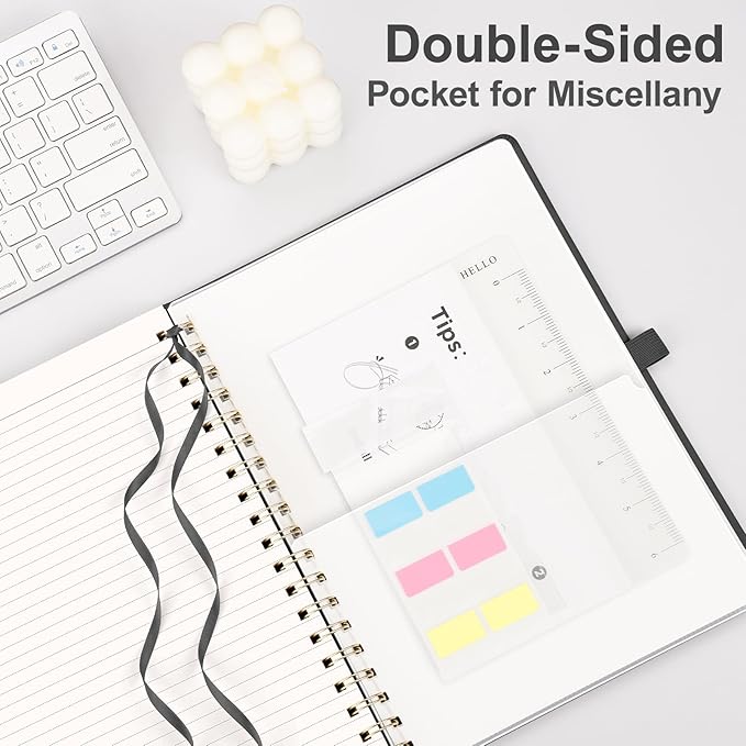 AHGXG Lined Spiral Journal Notebook, B5 Large Notebooks for Women Men, 140 Pages Hardcover Leather Notebook College Ruled, 100 GSM Paper, Notebooks for Work School Note Taking, 7.6" x 10", Black