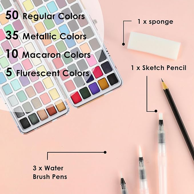 Grabie 100 Colors Watercolor Paint Set - 50 Regular, 35 Metallic, 10 Macaron and 5 Fluorescent Colors - Portable with Carrying Case, Water Brush Pens, and Accessories - For Beginners and Professionals