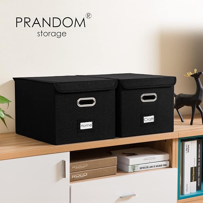 PRANDOM File Organizer Box - Set of 4 Collapsible Decorative Linen Filing Storage Hanging File Folders with Lids Office Cabinet Letter Size Black (15x12.2x10.75 inch)