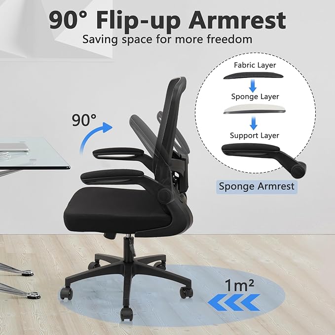 Office Desk Chairs with Wheels, Ergonomic Mesh Chair with Adjustable Height Lumbar Support, Rolling Swivel Computer Task Chair with Flip Up Armrests for Home, Study, Conference, Black (4PK)